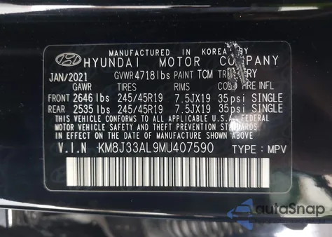 2021 Hyundai Tucson Sport из США, поврежденный, VIN KM8J33AL9MU407590